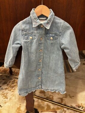 Vintage/Y2K OshKosh Denim Dress with Floral Embroidered Collar & Ruffles